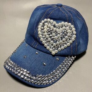 Olivia & Kate Denim Baseball Cap Womens‎ OS Blue Pearl Rhinestone Heart Bling